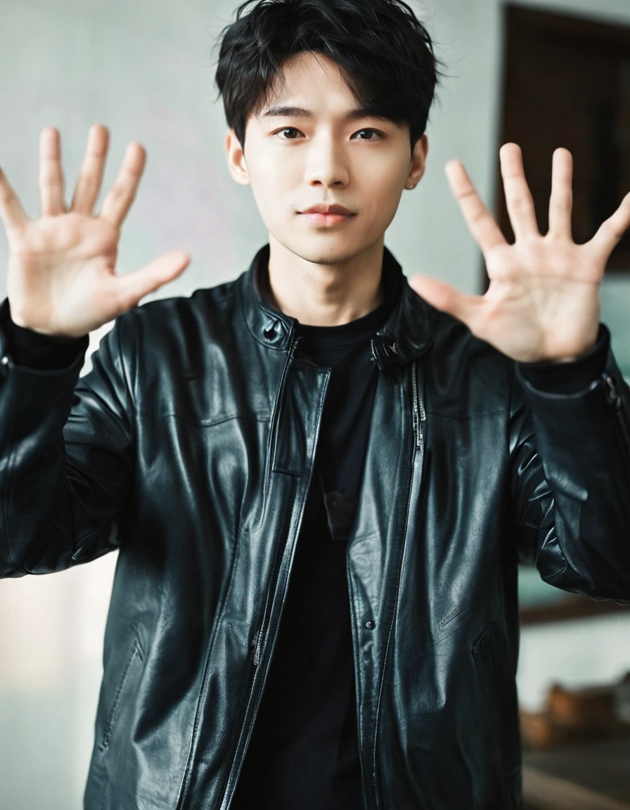 Young Asian male,open your hands,subtle smile,a dark leather jacket,indoor setting,natural light,clear image quality,medium depth of field,portrait photography,light skin tone,looking at camera,bokeh effect,relaxed posture,