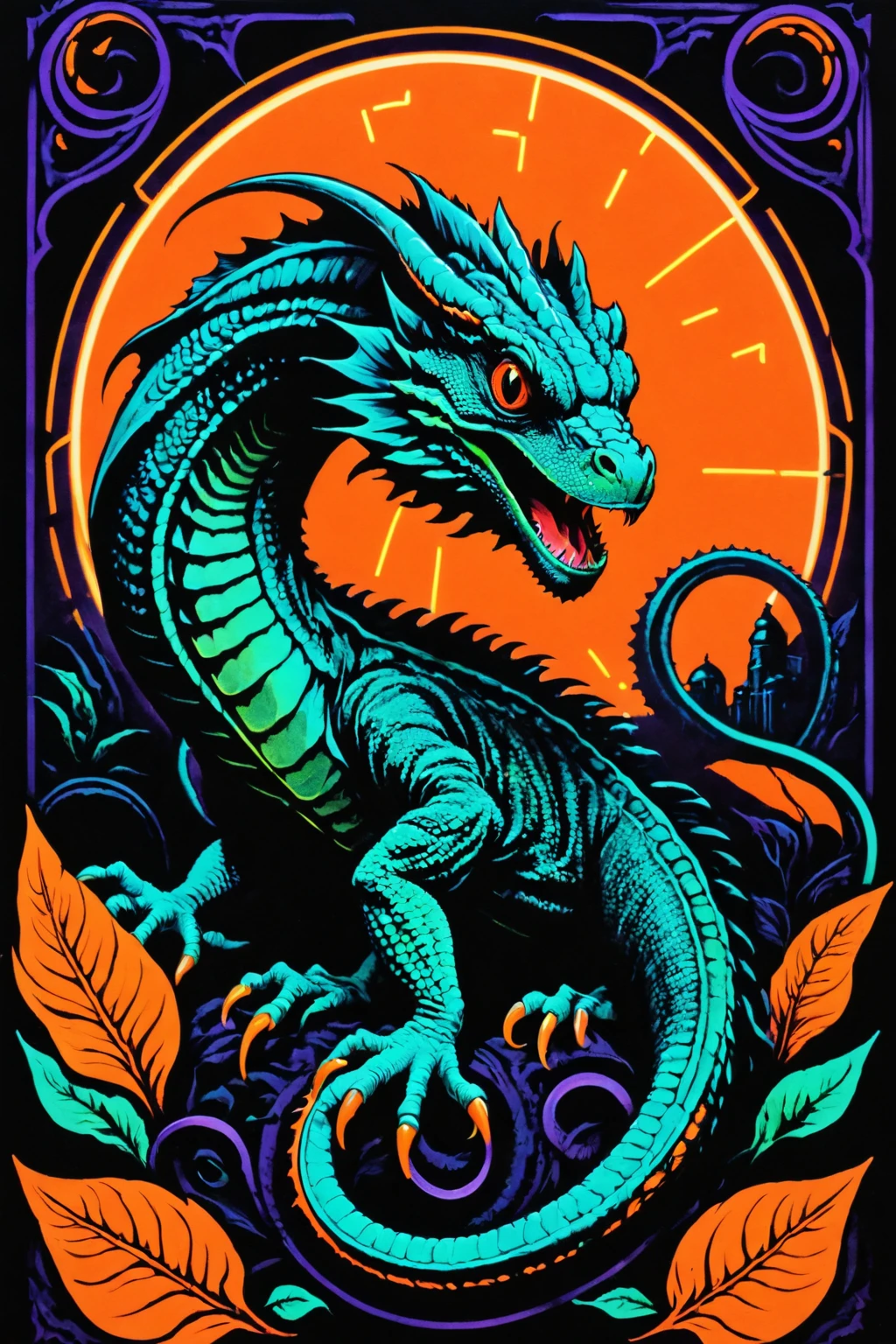 retro ink,eldritch creaure, Basilisk, neon orange, <lora:Retro_Ink_SDXL:.8>