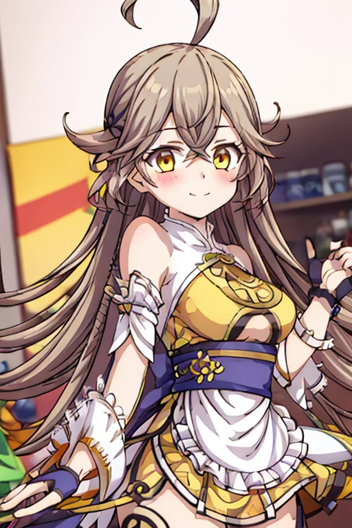 1girl, smile, blush, yellow eyes, brown hair,tdj zhugeai-1, long ahoge