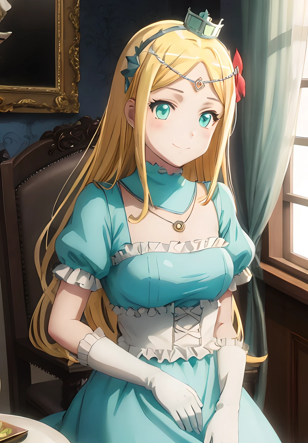 <lora:Overlord:0.8>, Overlord, Renner, solo, looking at viewer, blush, smile, short hair, blue eyes, brown hair, gloves, long sleeves, hat, dress, bow, ribbon, jewelry, medium breasts, closed mouth, green eyes, hair ribbon, upper body, flower, short sleeves, hair bow, frills, detached sleeves, wings, alternate costume, choker, elbow gloves, puffy sleeves, indoors, white gloves, hair flower, necklace, bag, white dress, red bow, flat chest, collar, puffy short sleeves, parted bangs, cosplay, window, detached collar, night, blue dress, parody, frilled dress, tiara, crown, light smile, juliet sleeves, frilled sleeves, brooch, gem, pendant, green dress, circlet, mirror, bookshelf, light, style parody, mini crown, official style, white collar, split mouth, picture frame, anime coloring, princess, diadem, aqua dress, scene reference, chandelier, fireplace, puff and slash sleeves