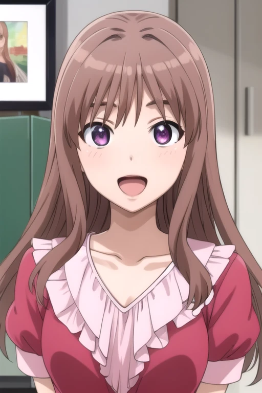 ((masterpiece)),(best quality),official art,extremely detailed CG,unity 8k wallpaper,ultra detailed,beautiful detailed eyes,extremely detailed face,office,1girl,solo,upper body,(portrait:1.5),looking at viewer,facing viewer,:d,long_hair,floating hair,brown_hair,hair intakes,sidelocks,bangs,purple_eyes,open mouth,collarbone,puffy_short_sleeves,puffy_short_sleeves,short_sleeves,pink_dress,black_pantyhose,red footwear,high_heels,<lora:Fuwa Rinna(mstast)>,