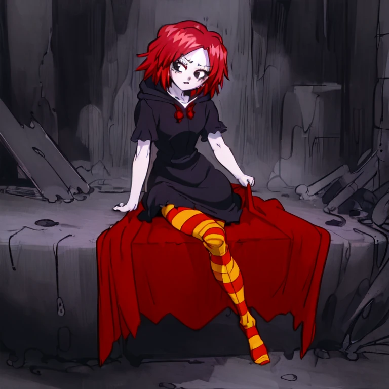 (masterpiece, best quality, highres:1.4), highly detailed, detailed shading, vibrant colors,  evangelion anime style, 1girl, solo, ruby gloom, short hair, dress, sitting, pantyhose, striped, cape, black dress, black eyes, cloak, red cape, hooded cloak,  <lora:ruby_gloom:1>, <lora:evangelion_anime_style_offset:1>