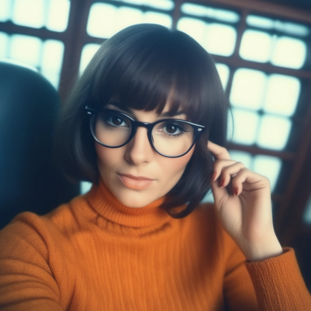 analog film photo A woman with glasses and an orange tutleneck, closeup face portrait <lora:Velma1024-000360:0.8> . faded film, desaturated, 35mm photo, grainy, vignette, vintage, Kodachrome, Lomography, stained, highly detailed, found footage