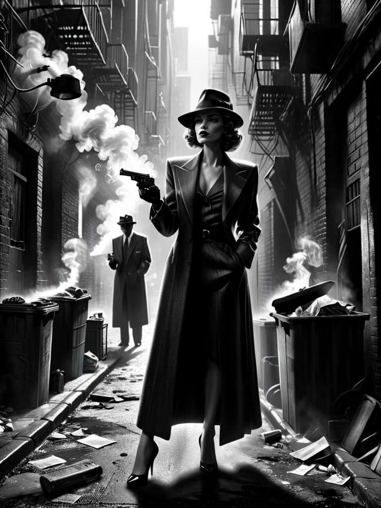 woman, tommy_gun, dirty alley, garbage, crowded, smoke, 1940, detective noir mad-sincity, (masterpiece:1.2), best quality, (hyperdetailed, highest detailed:1.2), high resolution textures, sexy, sexy, thigh