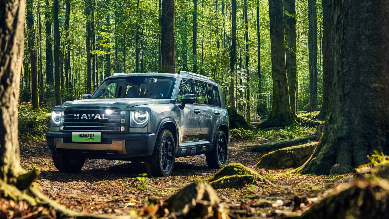 a silve menglong b26 with its headlights on, parking on the middle of the forest. photo, realistic <lora:sdxl_menglong_b26_9_16:1.0>