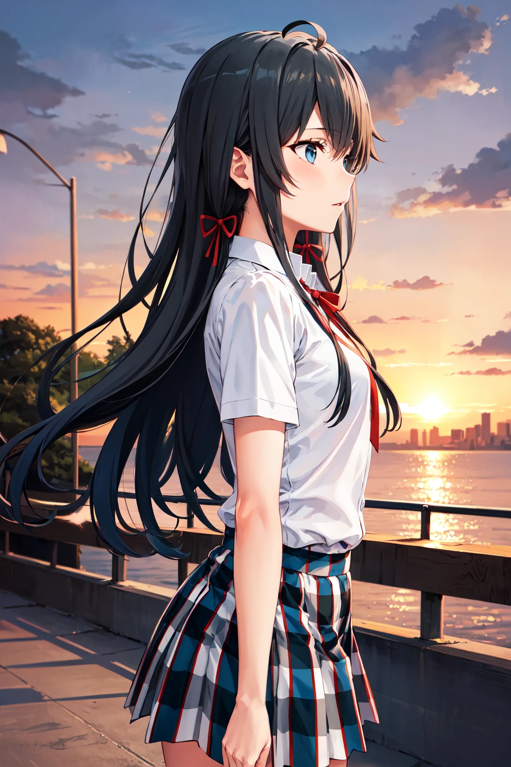 masterpiece, best quality, highres, aayukino, long hair, ahoge, hair ribbon, collarbone, neck ribbon, white shirt, short sleeves, plaid skirt, <lora:yukinoshita_yukino_v1:0.7>, from side, bridge, sunset