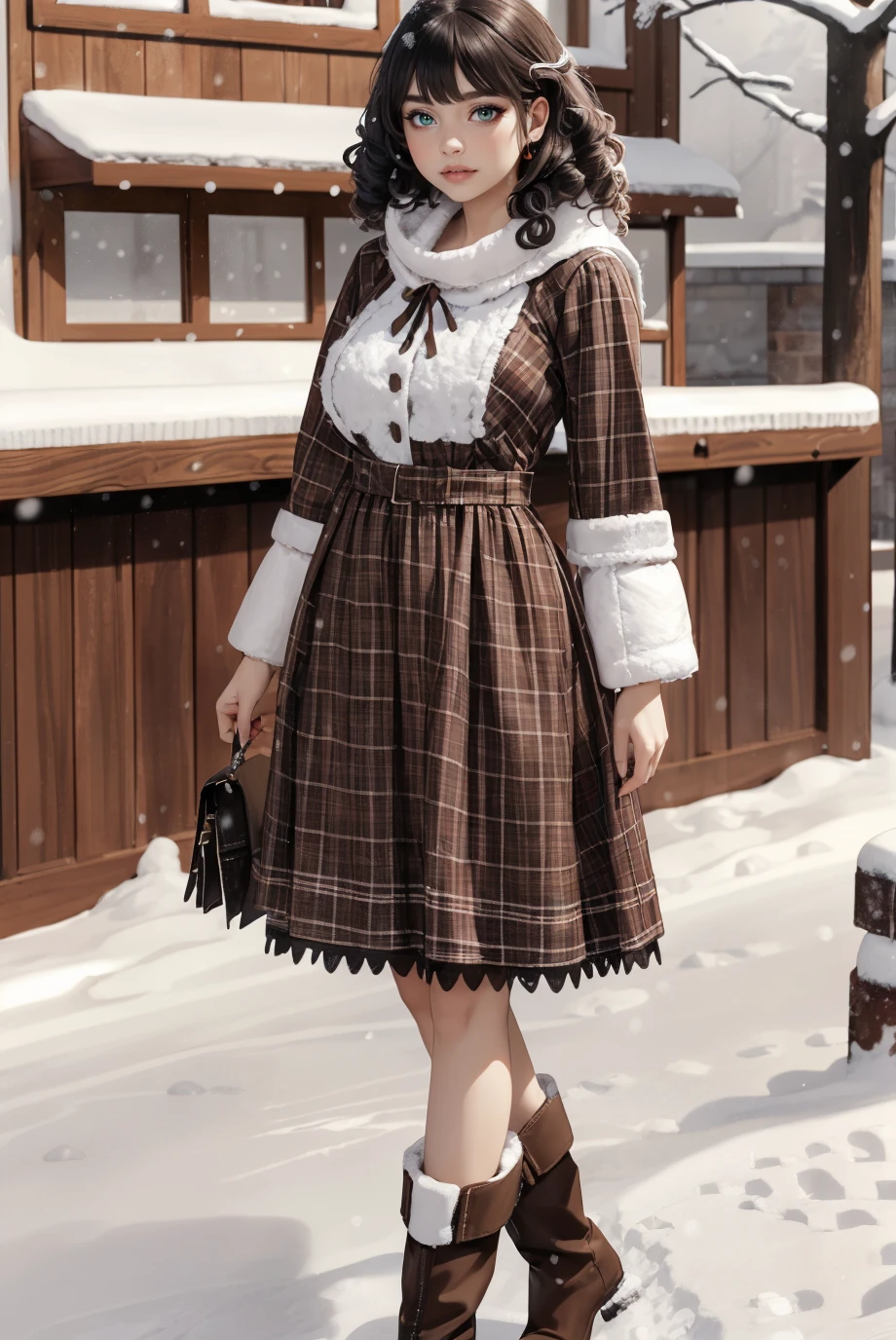 woman, curvy, large breasts, Adult,  (half body photo:1.3), (Spiral Curls:1.3), ,  <lora:br0wn_Dr3ss_1:0.75>,br0wn_Dr3ss_1, brown plaid dress, frill,  boots, best quality, high detail, high quality, high res, 4k,eyeliner, pouty lips,  detailed skin texture,  (blush:0.5),(outside in the snow:1.4)