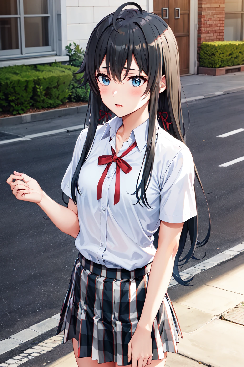 masterpiece, best quality, highres, aayukino, long hair, ahoge, hair ribbon, collarbone, neck ribbon, white shirt, short sleeves, plaid skirt, <lora:yukinoshita_yukino_v1:0.7>, standing, cowboy shot, street,