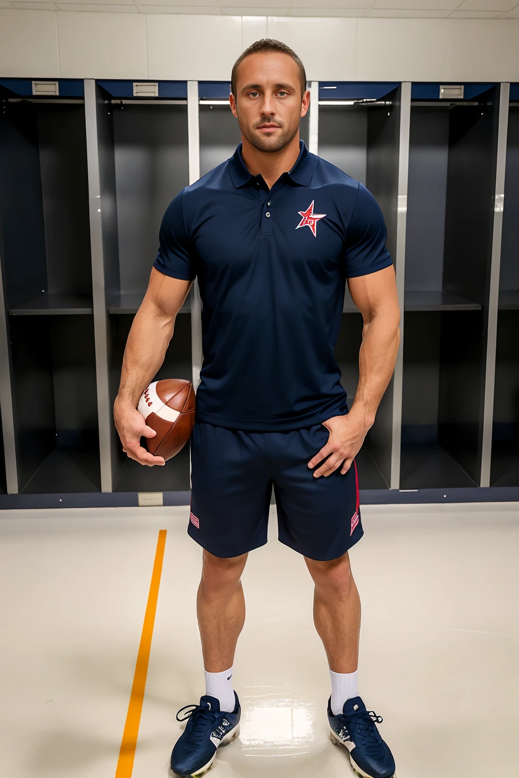 standing in an American football locker room in front of a chalkboard, MylesLandon is a football coach, wearing polo shirt, shorts, (holding an American football:1.5), (((full body portrait))), wide angle <lora:MylesLandon:0.8>