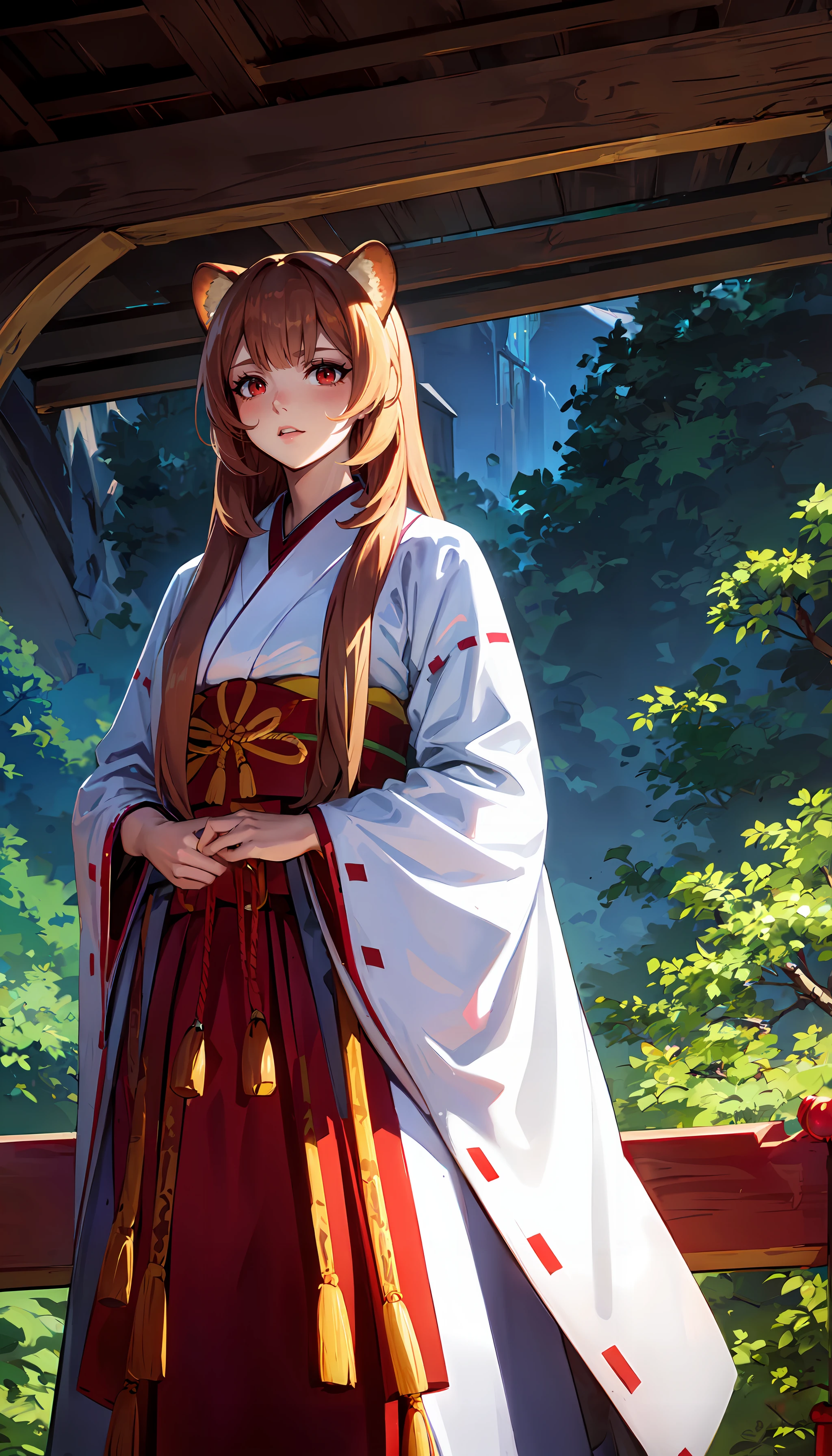 photorealistic, (4k), depth of field, (Masterpiece), (realistic skin texture), extremely detailed, intricate, hyper detailed, professional photography, bokeh, high resolution, sharp detail, best quality, girl, raccoon girl, raccoon ears, animal ears, long hair, brown hair, bangs, red eyes, red and white kimono,, <lora:GoodHands-beta2:0.8> , <lora:detail_slider_v4:0.8> , dynamic pose, dynamic pose, <lora:Raphtalia:0.7>, bamboo forest, (red japanese bridge:1.3), (arched bridge), river,