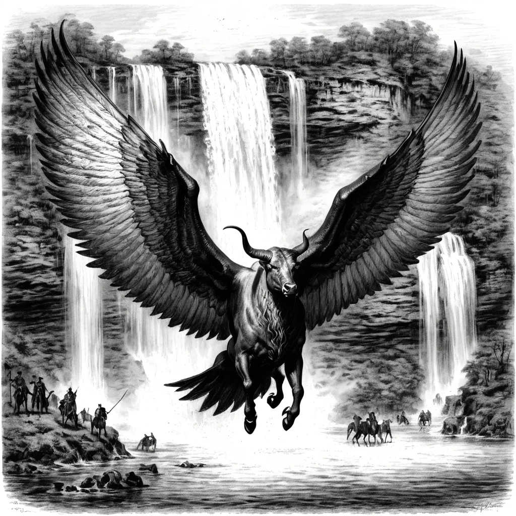 masterpiece,best quality,a mysterious creature with many wings and horns flying over a waterfall,full color, chalk,rough sketch,<lora:ChalkSketchXL:1>