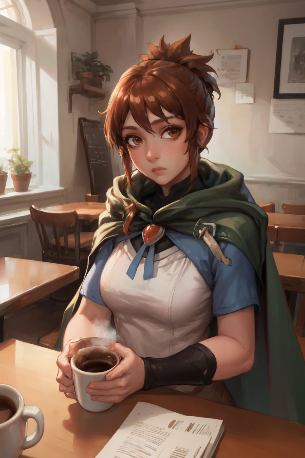 (masterpiece, best quality:1.2), upper body, solo, 1girl, marci, expressionless, looking at viewer, elbows on table, ponytail, jacket, brooch, cape, vambraces, indoors, cafe, coffee mug <lora:dota2_marci-10:1>
