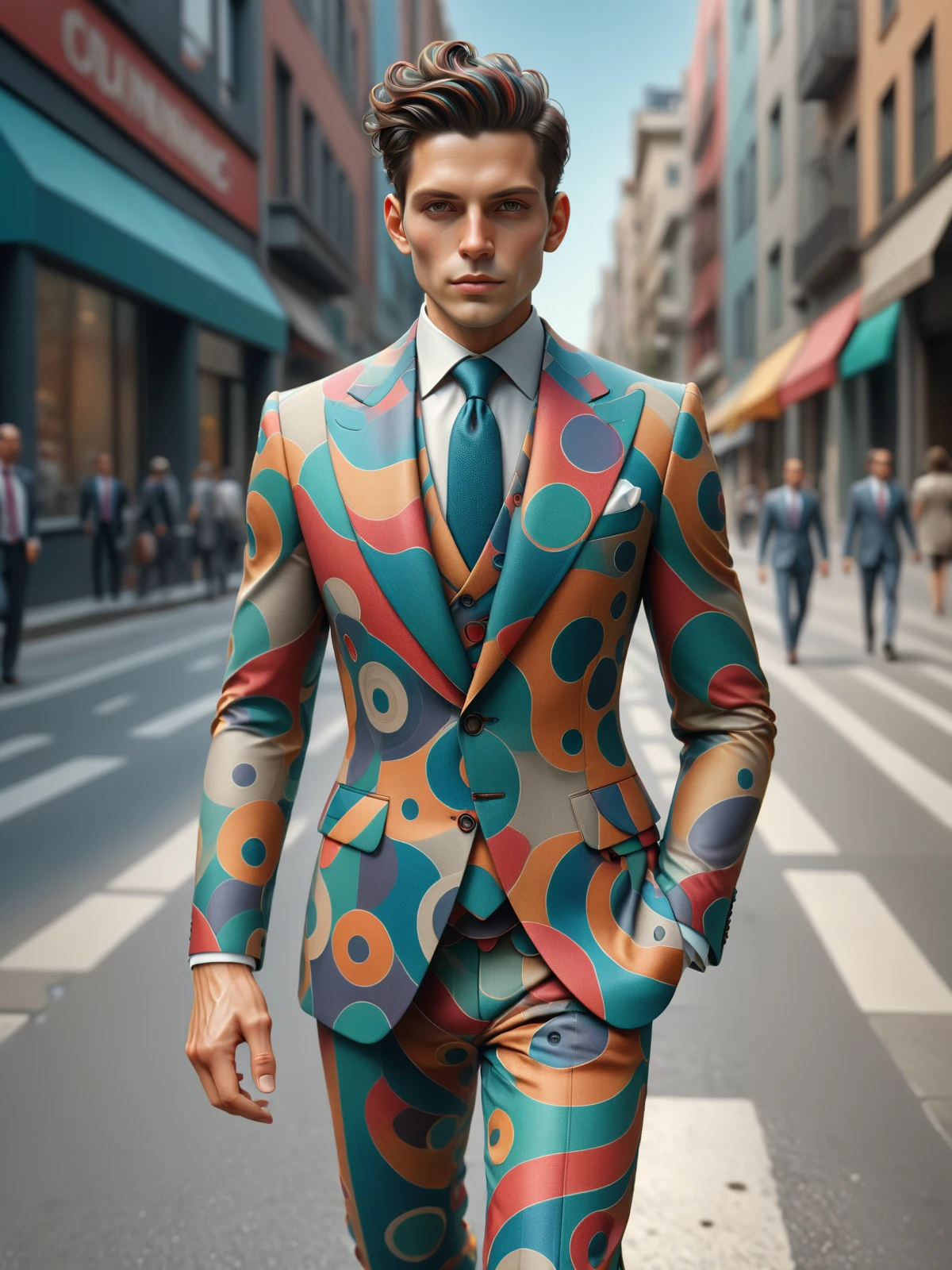 man wearing a colorful mad-circle business suit walking through city, dynamic pose <lora:Colorful_Circles_SDXL:0.8>, (masterpiece:1.2), best quality, (hyperdetailed, highest detailed:1.2), high resolution textures