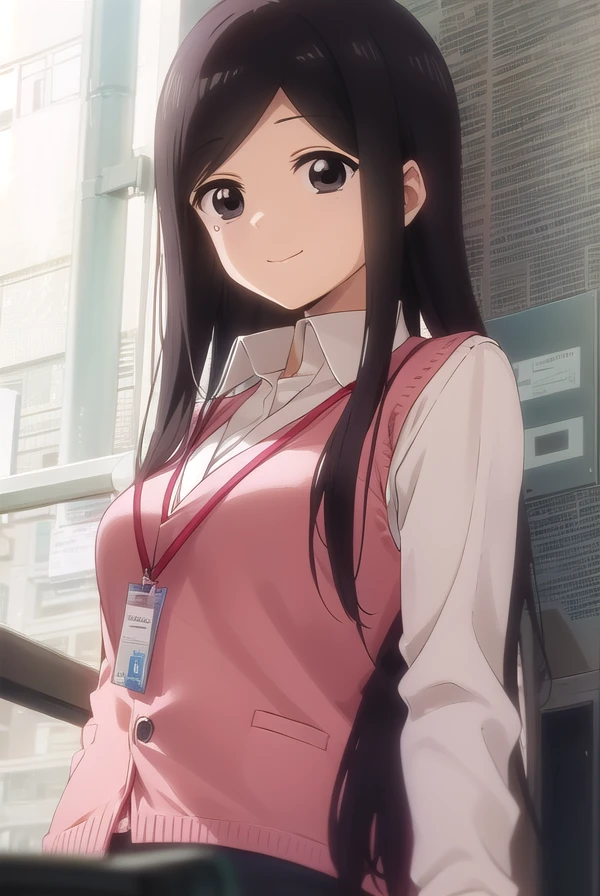 toukosakurai, <lora:touko sakurai s1-lora-nochekaiser:1>,
touko sakurai, black hair, (black eyes:1.5), sidelocks, medium hair, mole, mole under eye, (swept bangs:1.5), smile,
BREAK shirt, long sleeves, collared shirt, pants, vest, office lady, id card, lanyard, (pink vest:1.2),
BREAK indoors, office,
BREAK looking at viewer, (cowboy shot:1.5),
BREAK <lyco:GoodHands-beta2:1>, (masterpiece:1.2), best quality, high resolution, unity 8k wallpaper, (illustration:0.8), (beautiful detailed eyes:1.6), extremely detailed face, perfect lighting, extremely detailed CG, (perfect hands, perfect anatomy),