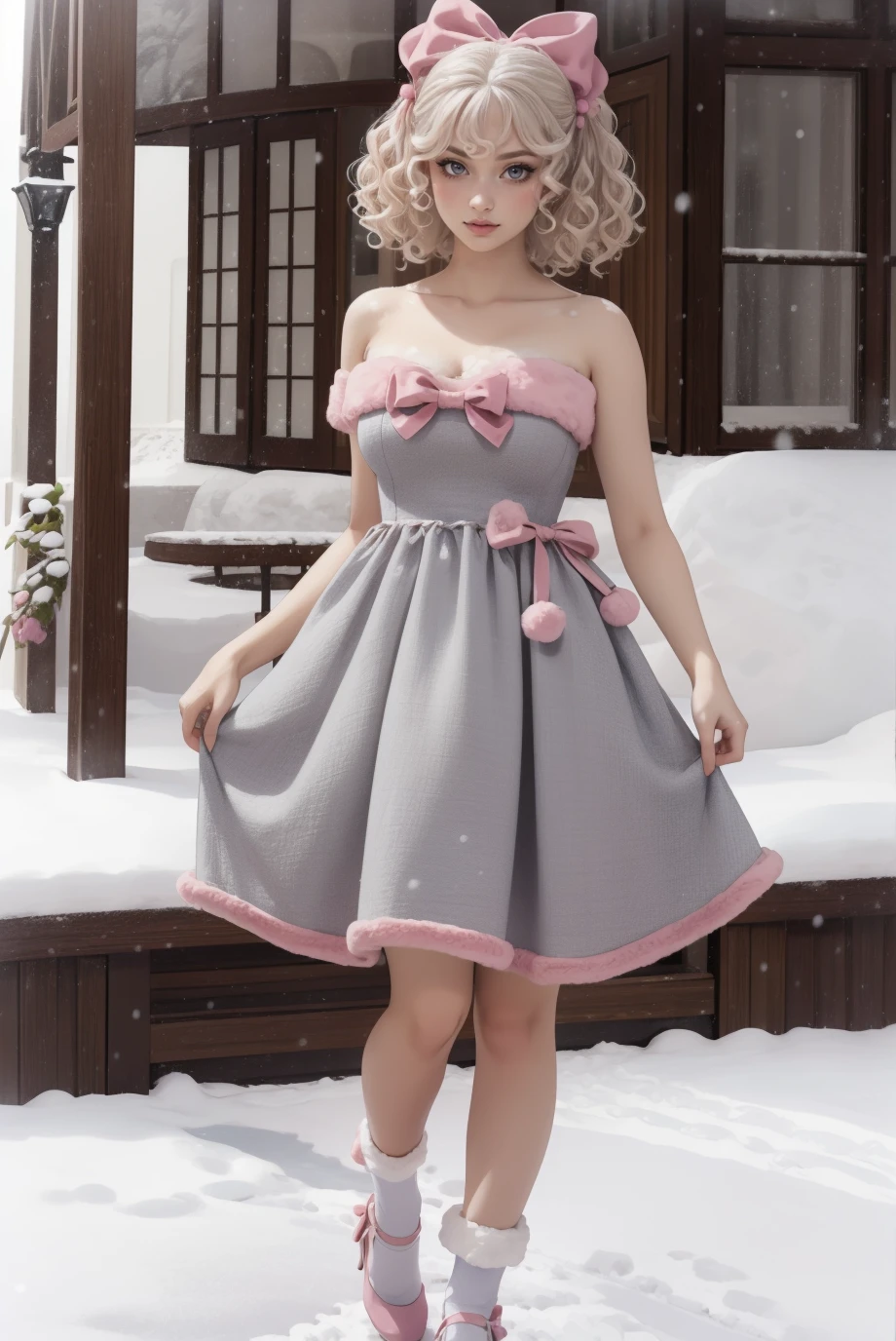 woman, pale skin, curvy, Adult, large breasts, big hips, (half body photo:1.3), (Side Swept Curls:1.3), , <lora:gr3y_dr3ss_1:0.7>, gr3y_dr3ss_1, grey dress, white shirt, pink fur, om poms, bows, cape, socks, high heels, best quality, high detail, high quality, high res, 4k,eyeliner, pouty lips, detailed skin texture, (blush:0.5),(outside in the snow:1.4)
