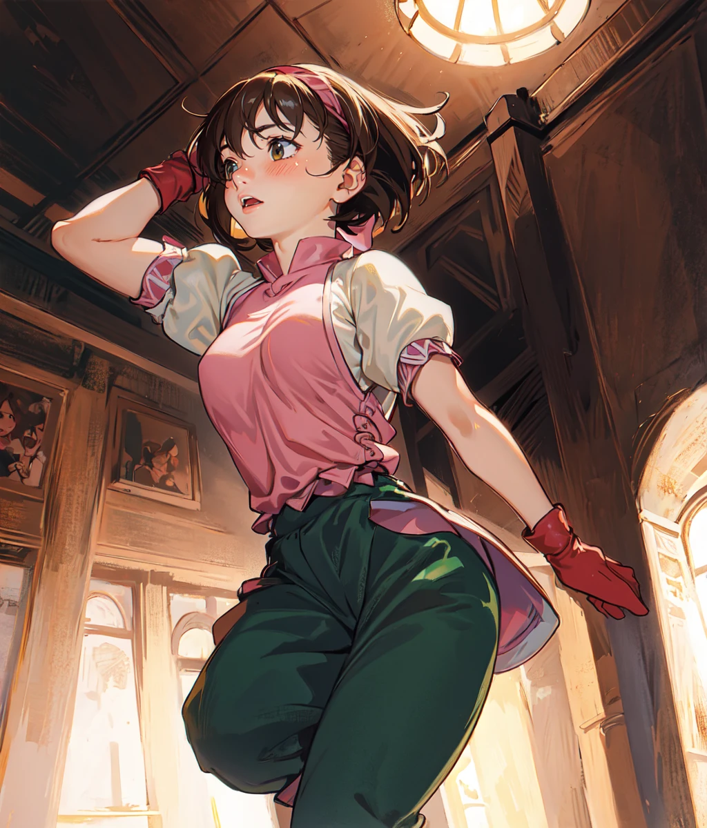masterpiece, high res, detailed face, detailed eyes, 1 girl, solo, very scared, nervous, trembling, blushing, turning around, ((nightime)) medieval bedroom, full body, nightime, small breasts, hands on chest, walking, short hair, brown eyes, hairband, pink shirt, short sleeves, gloves, green pants, indoors, cowboy shot <lora:Nanami2:0.8>