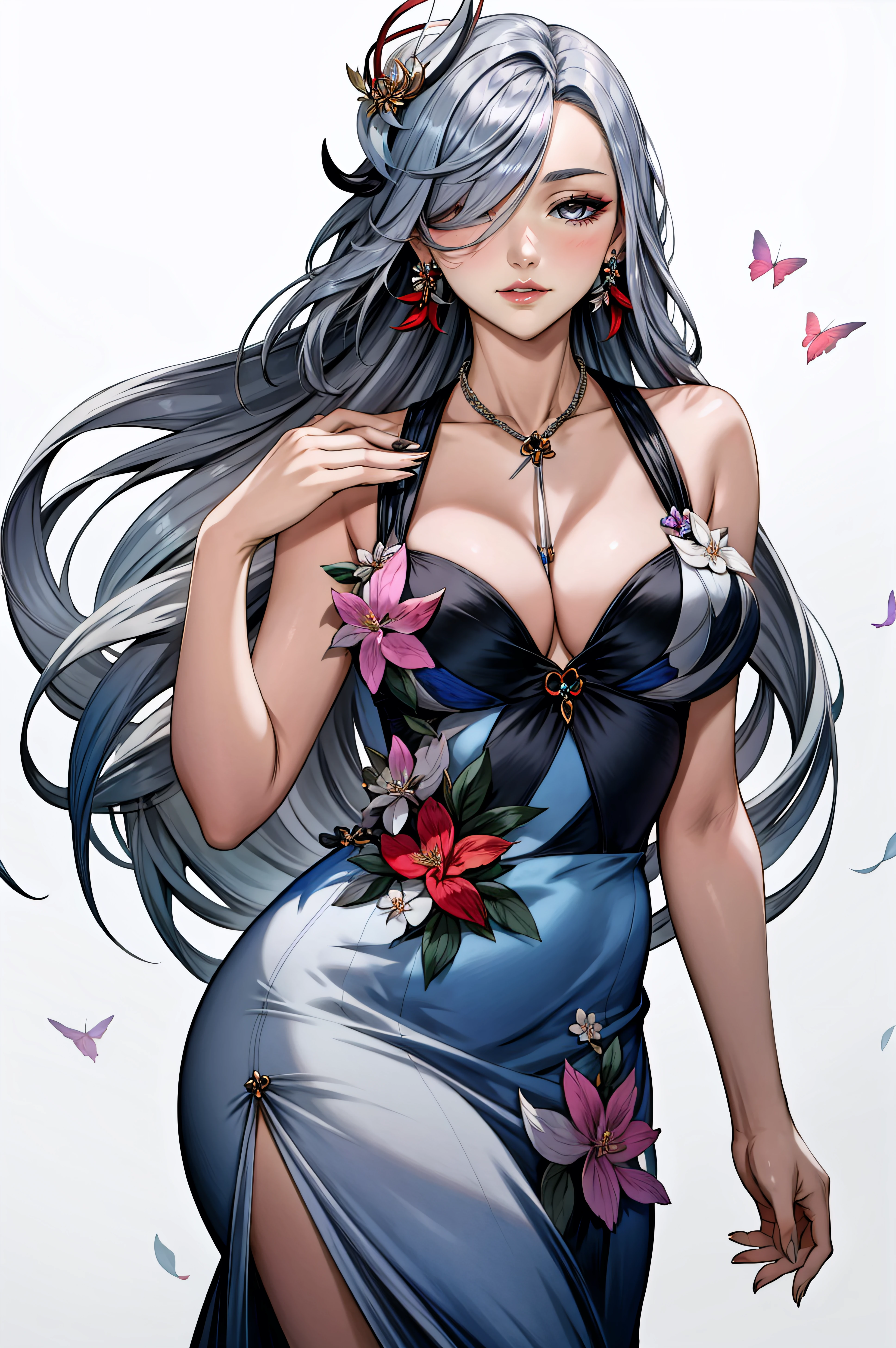 (masterpiece, best quality), <lora:Shenhe-lora-Faxtron:0.9> shenhe \(genshin impact\), 1girl, solo, grey hair, hair over one eye, grey eyes, very long hair, large breasts, <lora:Flowered_Long_Dress_By_Stable_Yogi:0.8> floral dress, long dress, necklace, jewelry, earrings, bare arms, 
<lora:add_detail:0.8>,