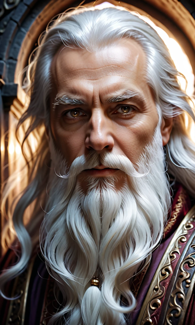 face closeup wizard with white beard:The door is a gateway to hell the man with a long white beard is hopeless the night is like a day the tone is like dream wizard of the underworld close-up shot, intricate, elegant, highly detailed, dynamic, sharp focus, cinematic, surreal, still, full color, fine detail, composition