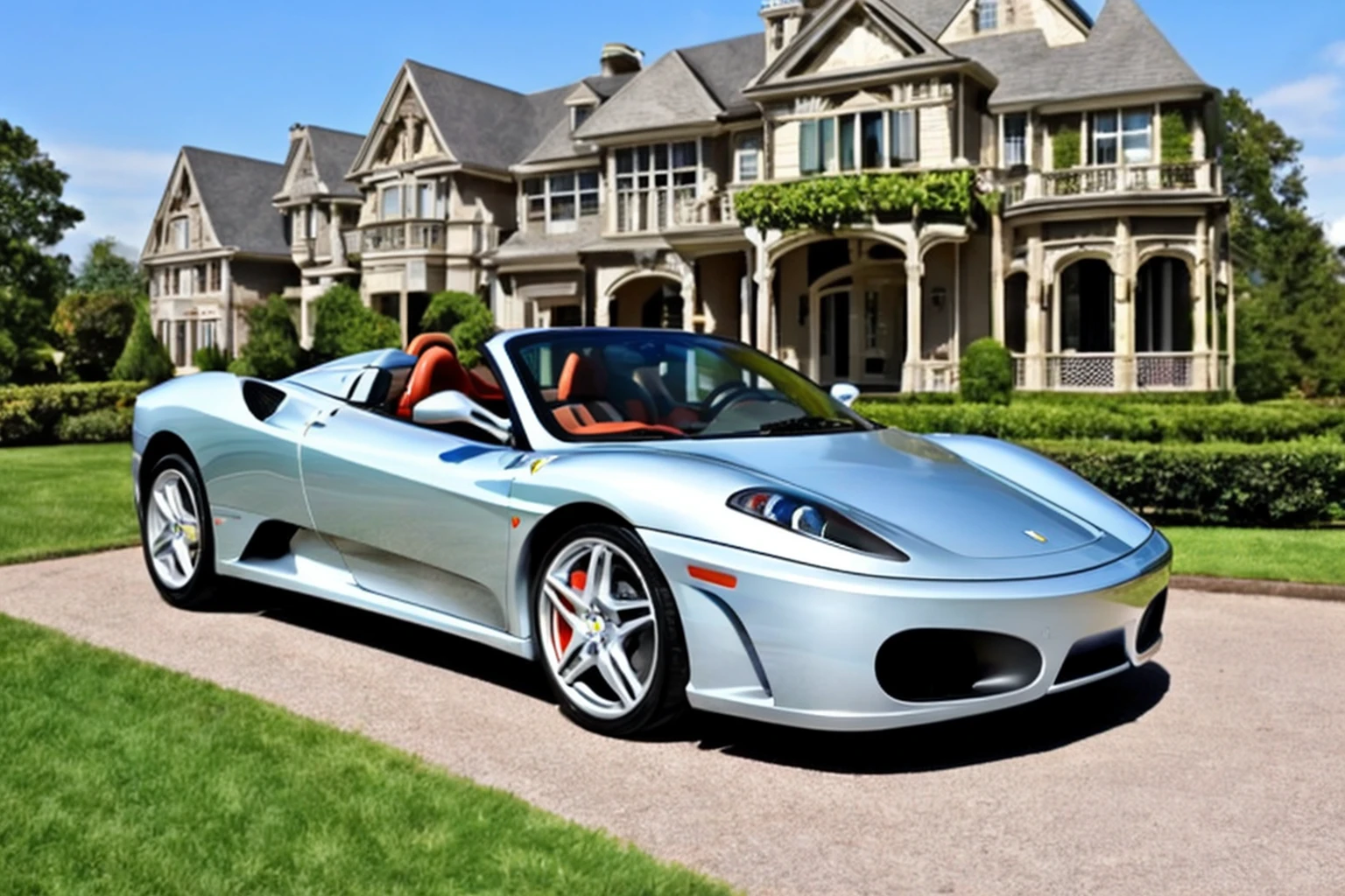 Photo of a silver Ferrari F430  parked in front of a Victorian mansion <lora:Ferrari_F430_Spider:.7>