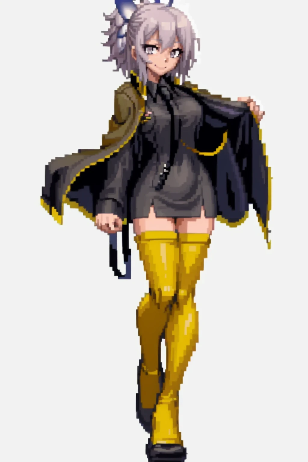 masterpiece, best quality, solo, 1girl, looking at viewer, smile, <lora:Miyako_Fp:1>, miyakodesu2, uniform, hair bow, thighhighs, shirt, necktie, jacket, <lora:SNK-Kof_sprites_Fp:0.8>, simple background, full body, standing,