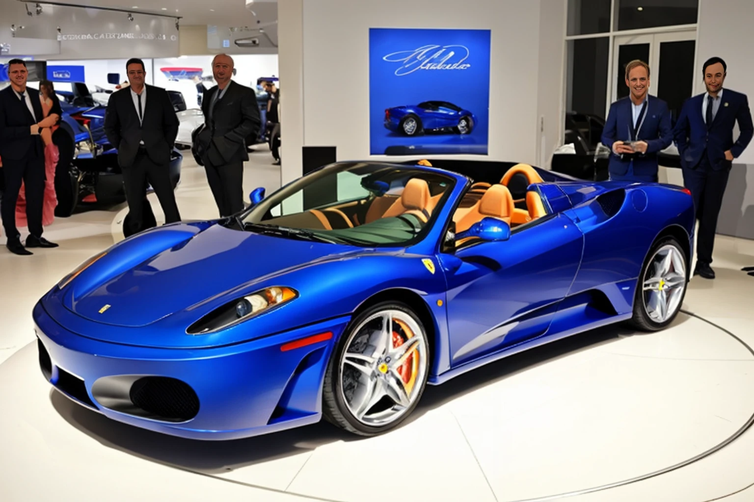 Photo of a sapphire blue Ferrari F430 parked inside a car dealership <lora:Ferrari_F430_Spider:.7>