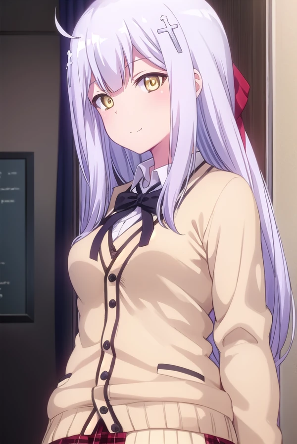 raphielshirahaainsworth, <lora:raphiel shiraha ainsworth s1-lora-nochekaiser:1>,
raphiel shiraha ainsworth, long hair, ahoge, white hair, hair ornament, cross hair ornament, (yellow eyes:1.3), smile, smug,
BREAK skirt, school uniform, shoes, socks, plaid, kneehighs, plaid skirt, cardigan, black socks, loafers, bow, black bow, bowtie, (white cardigan:1.2), red skirt,
BREAK indoors, classroom,
BREAK looking at viewer, (cowboy shot:1.5),
BREAK <lyco:GoodHands-beta2:1>, (masterpiece:1.2), best quality, high resolution, unity 8k wallpaper, (illustration:0.8), (beautiful detailed eyes:1.6), extremely detailed face, perfect lighting, extremely detailed CG, (perfect hands, perfect anatomy),