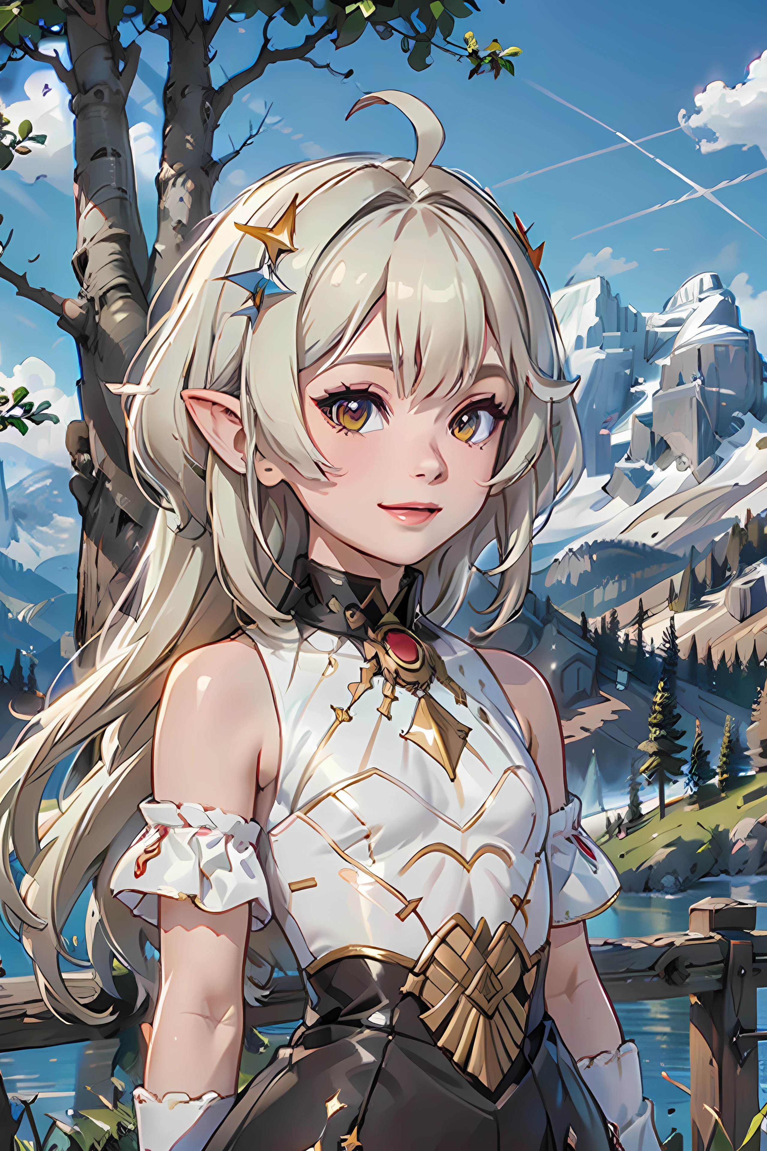 evadef, pointy ears, smile, forest, mountains,
masterpiece, ultra detailed,