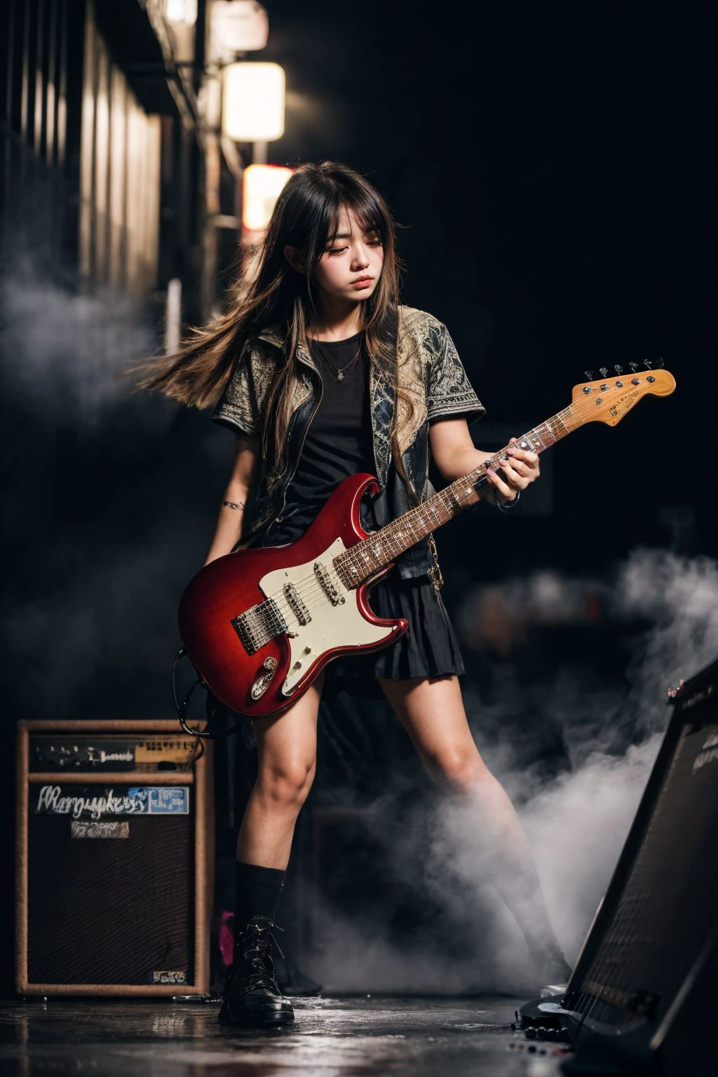 a beautiful young female idol guitarist in space, stunning detailed portrait, long flowing hair, playing an electric guitar, cosmic environment, glowing neon lights, sci-fi atmosphere, vibrant colors, dramatic lighting, photorealistic, cinematic, masterpiece