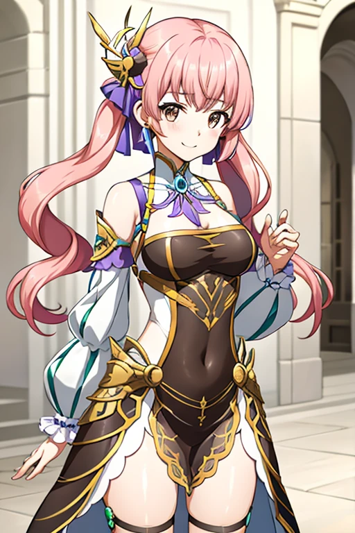 lan noemi-1, hair accessories, 1girl, smile, blush, twintail, brown eyes, pink hair