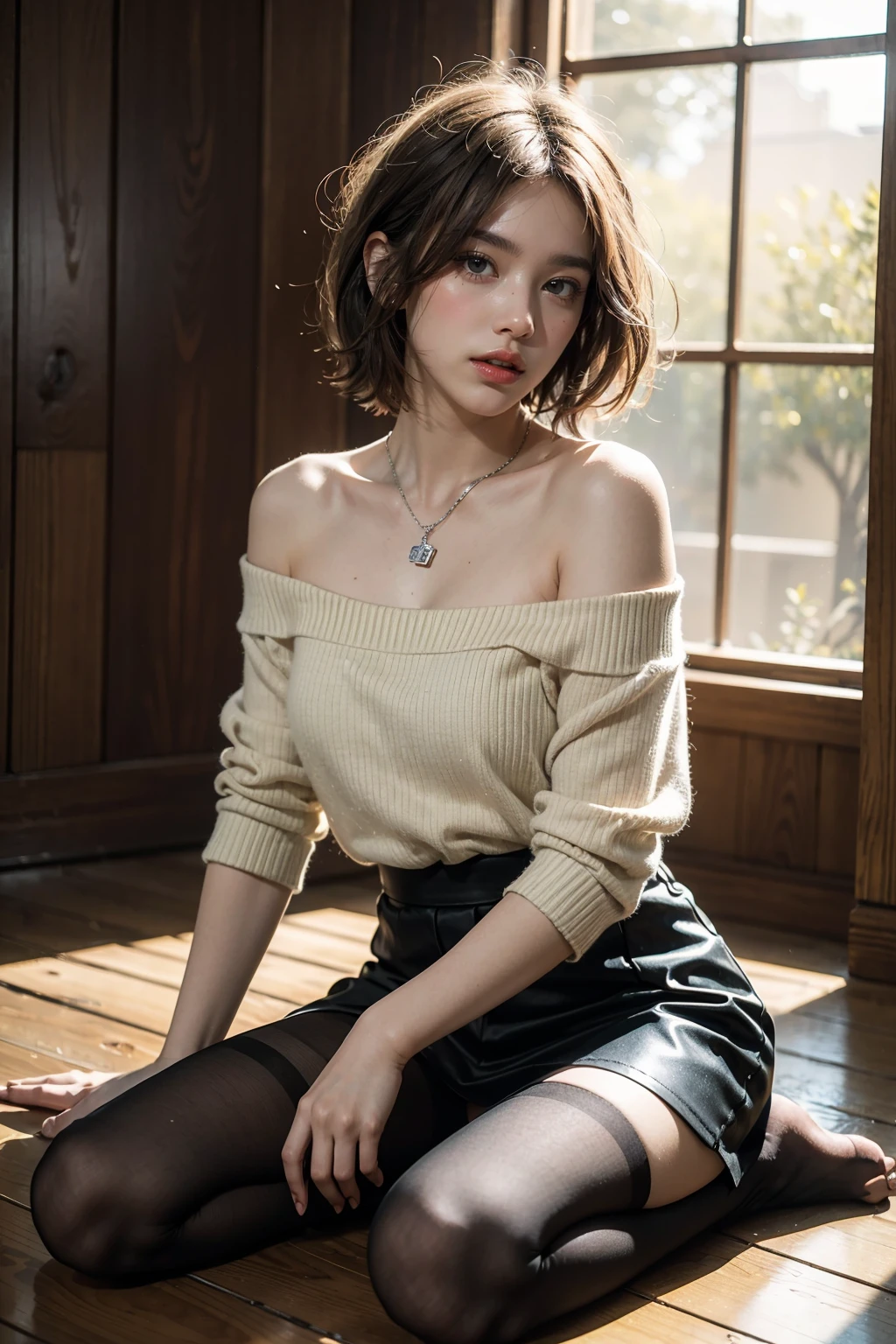 (Realistic、Photorealistic:1.37)、(8K、Raw photo、highest quality、masterpiece:1.2)、cute、Very detailed、Heart shaped eyes、Physically Based Rendering、超A high resolution、Kodak Vision Color、Filmed with an Arricam LT camera、Bokeh、Sharp focus、Watching the audience、Photorealistic、Realistic、alone、Photorealistic、highest quality、Highly detailed face、Highly detailed eyes and face、Beautiful and detailed、An unforgettable smile、Dirty hair、Floating hair、、⦅White knitted clothes⦆、⦅black and white checked mini skirt⦆⦅Random Pause⦆⦅Beautiful legs⦆(Foot fetish)(Shoulder straps are visible)(I can see the valley)⦅Whole body image⦆