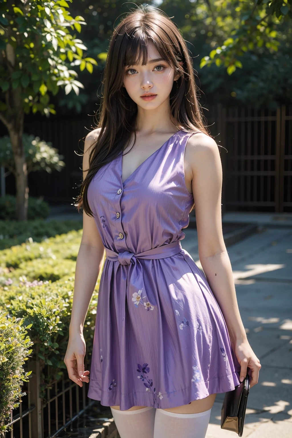 (best quality, masterpiece:1.3), (realistic, photo realistic:1.3), ultra high res, UHD, extremely detailed CG unity 8k wallpaper, sharp focus, absurdres, (realistic skin, detailed skin), (perfect anatomy, accurate body), cinematic lighting, (best shadow), glossy lips,
BREAK
(1girl, teenager, solo), (beautifuly detailed face, Bishojo) , (beautifuly detailed aqua eyes, long eyelashes, glowing eyes, sparkling eyes) ,(d lavender hair, long bangs, Bangs cover one eye:1.5, ahoge:1.1) ,(medium breasts),(joyful:1.2),
BREAK
(beautifuly detailed lilac printing dress, sleeveless:1.2),
(white pantyhose, pelvic curtain:1.1,high heels:1.1),
BREAK
(pupple flower garden:1.4), (standing:1.2), (front, cowboy shot, looking at viewer)