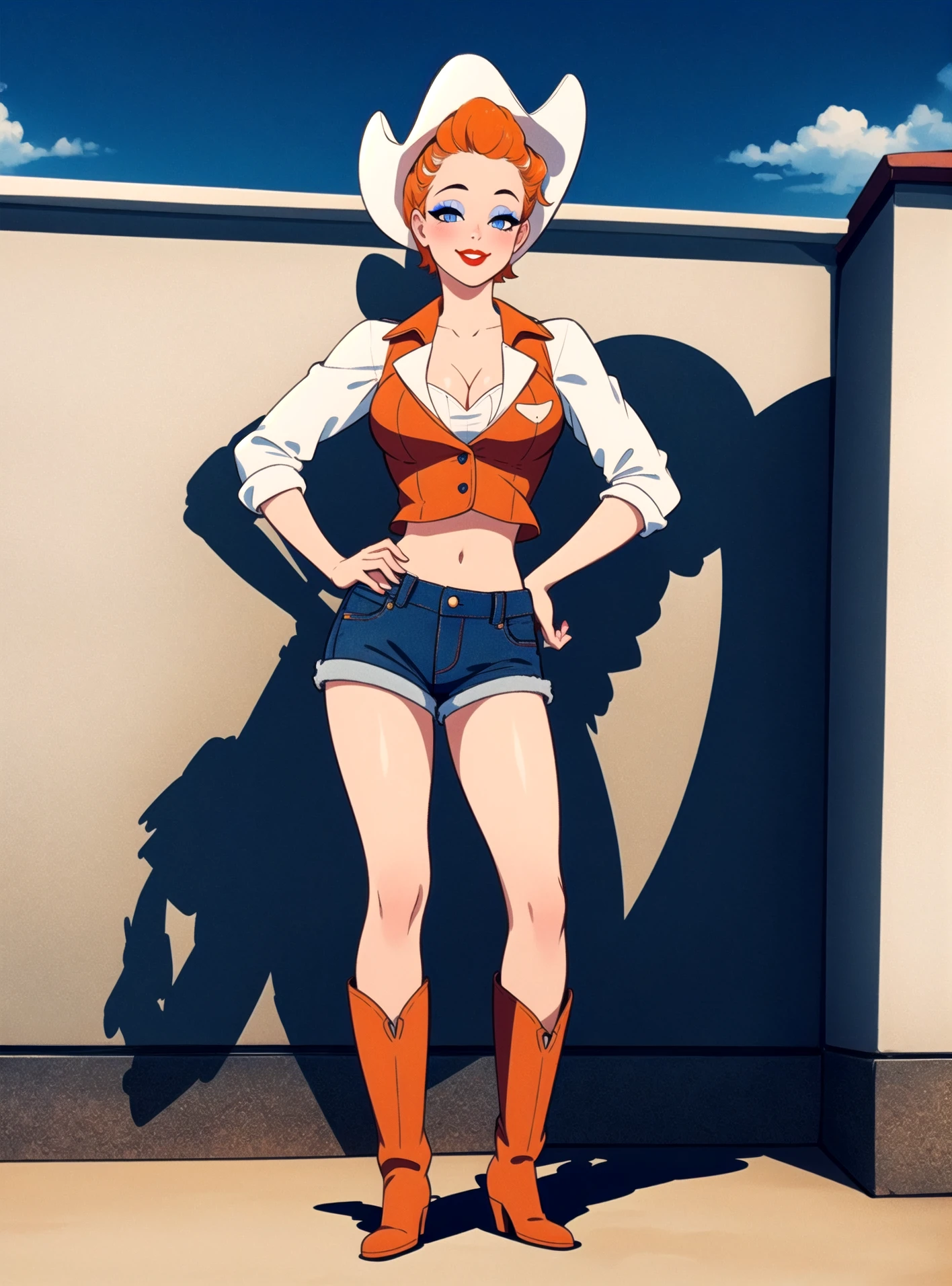 masterpiece, lots of detail, 4k, 8k, ((ultra-detailed)), highres, cinematic lighting, atmospheric lighting, official artwork, full-body shot, hetero, outdoors, western themed, sky, <lora:Red_Hot_Riding_HoodV1-10:0.7>, redhotv1, 1girl, solo, female focus, ((short hair)), ((orange hair)), 1940s hairstyle, blue eyes, looking at viewer, makeup, smile, blush, red lips, cowboy cosplay, large breasts, cleavage, hands on hips, hidden hands, cowboy hat, navel, midriff, cowboy western, 1940s pin up girl, vest, cowboy boots, denim shorts, standing,