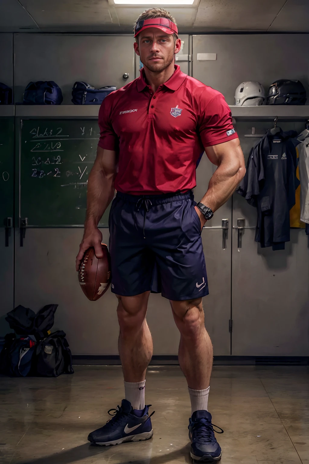 standing in an American football locker room in front of a chalkboard, MylesLandon is a football coach, wearing polo shirt, shorts, visor, whistle on a lanyard around neck, holding a football, (((full body portrait))), wide angle <lora:MylesLandon:0.8>