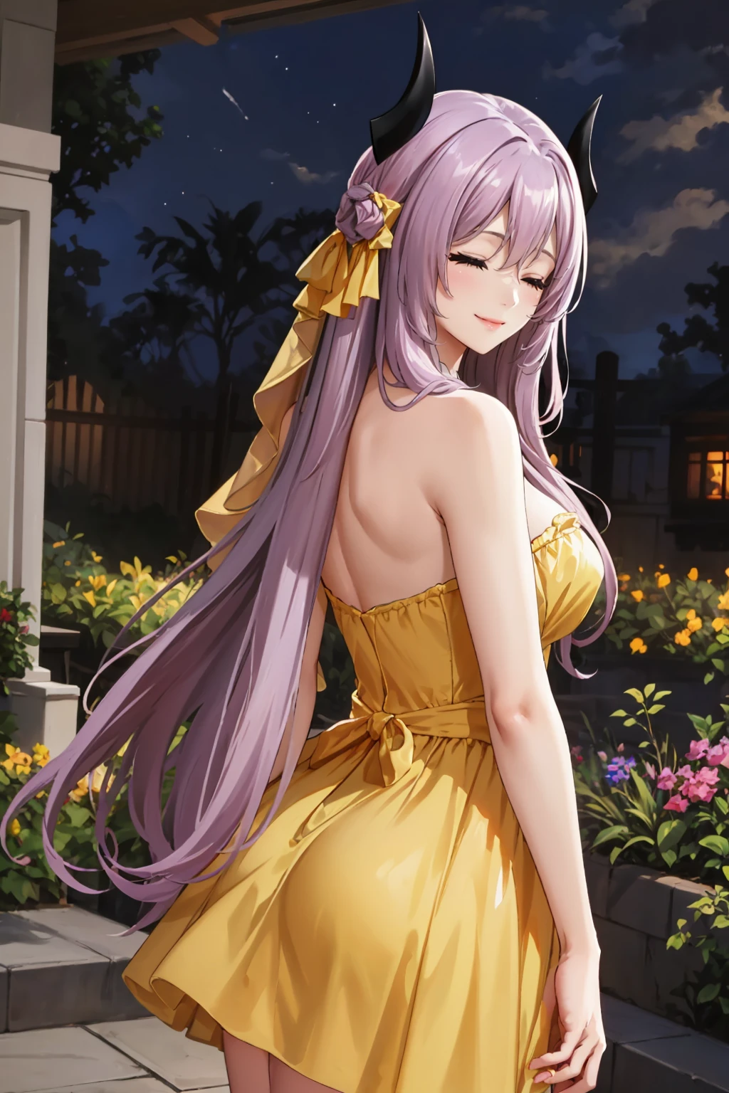masterpiece, best quality, <lora:victoria-nvwls-v1-000010:0.9> victoria, horns, tiara, veil, yellow sundress, from behind, garden, large breasts, smile, closed eyes, night <lora:edgChamYellowSundress:1> edgYSD,woman wearing a yellow sundress