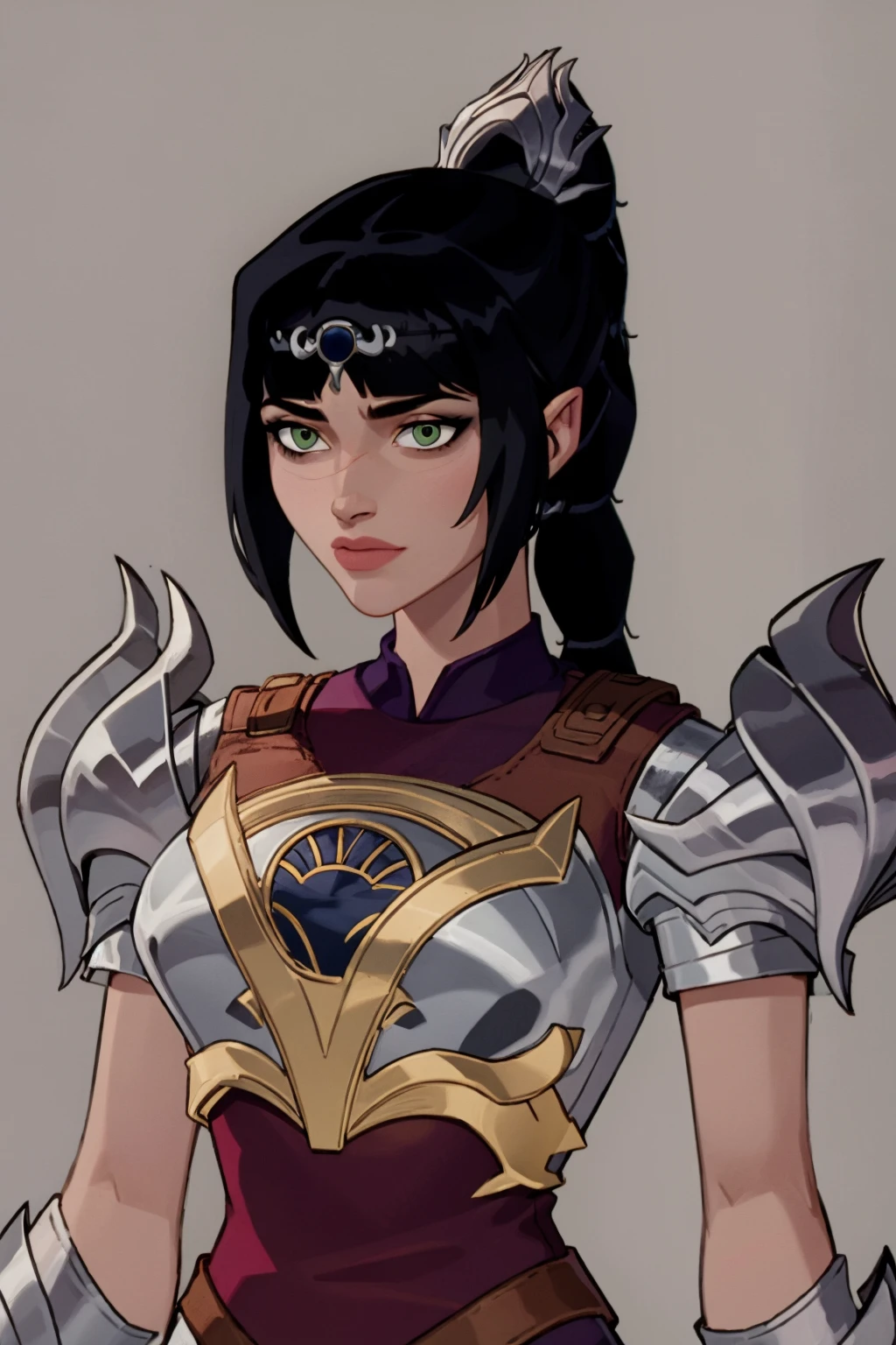 masterpiece, best quality, 1girl, shadowheart, black hair, braided ponytail, green eyes, circlet, upper body, armor, looking at viewer, simple background <lora:ShadowHeartV2:0.9> <lora:JeffMatsuda:1>