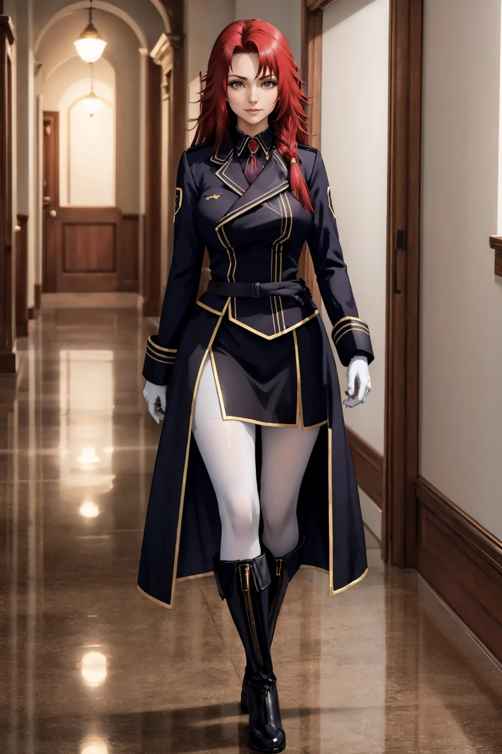 masterpiece, best quality, <lora:irismidgar-nvwls-v1-000009:0.8> iris midgar, black coat, black uniform, long sleeves, gold trim, black skirt, white pantyhose, belt, white gloves, large breasts, black boots, hallway, walking, looking at viewer, smile, furrowed brow