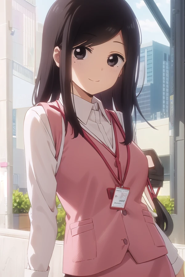 toukosakurai, <lora:touko sakurai s1-lora-nochekaiser:1>,
touko sakurai, black hair, (black eyes:1.5), sidelocks, medium hair, mole, mole under eye, (swept bangs:1.5), smile,
BREAK shirt, long sleeves, collared shirt, pants, vest, office lady, id card, lanyard, (pink vest:1.2),
BREAK indoors, office,
BREAK looking at viewer, (cowboy shot:1.5),
BREAK <lyco:GoodHands-beta2:1>, (masterpiece:1.2), best quality, high resolution, unity 8k wallpaper, (illustration:0.8), (beautiful detailed eyes:1.6), extremely detailed face, perfect lighting, extremely detailed CG, (perfect hands, perfect anatomy),