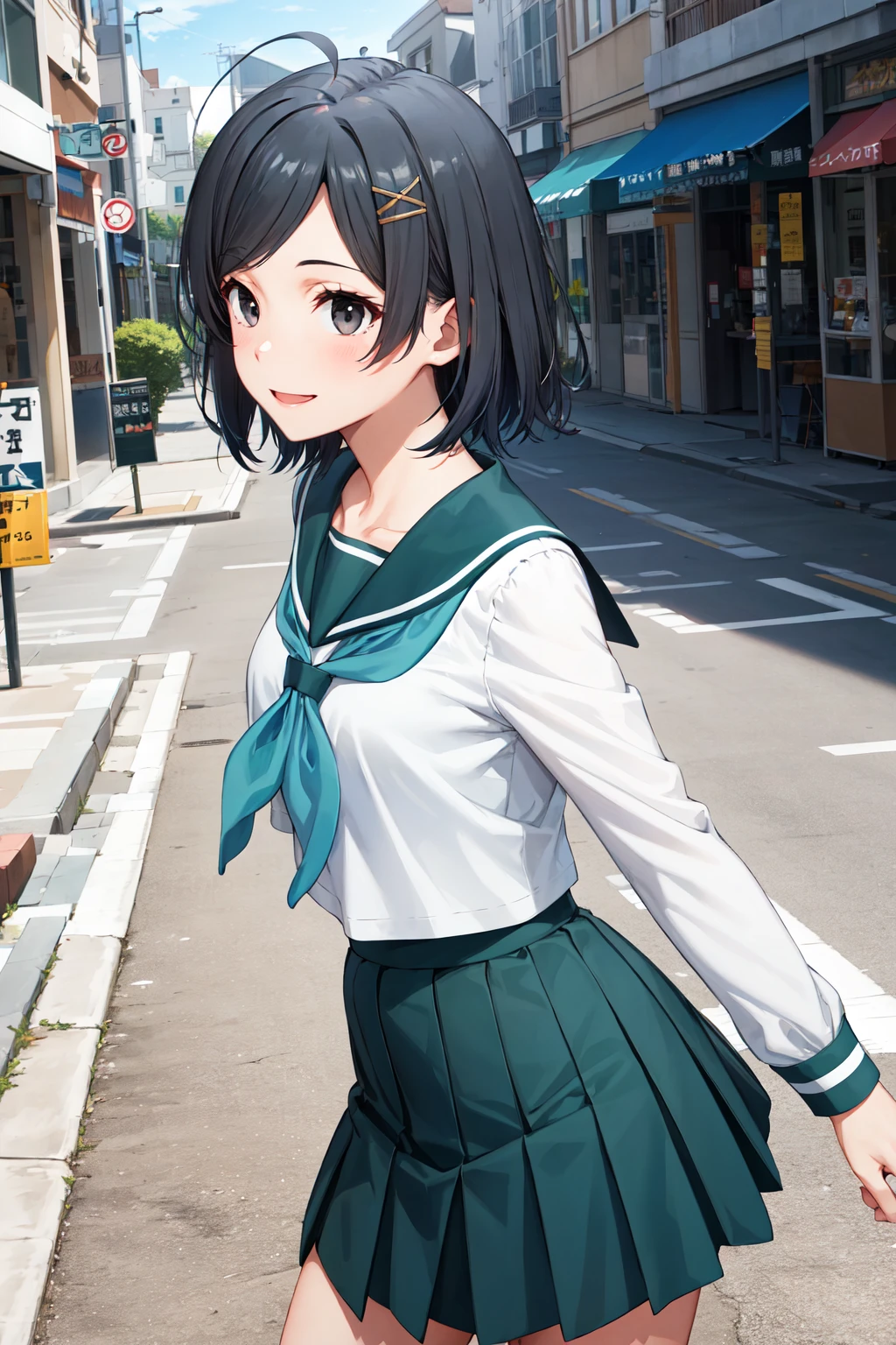 masterpiece, best quality, highres, aakomachi, short hair, ahoge, black eyes, hairclip, x hair ornament, serafuku, collarbone, sailor collar, aqua neckerchief, white shirt, long sleeves, aqua skirt, <lora:hikigaya_komachi_v1:0.7>, from side, street, smile, standing