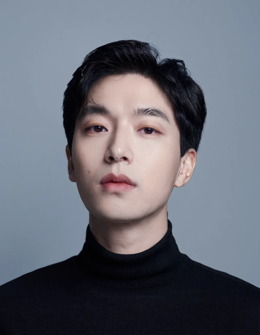 Asian man,close-up portrait,direct gaze,dark hair,black turtleneck,shadow on face,neutral expression,studio lighting,blue background,high-resolution image,minimalistic,young adult,clean-shaven,headshot,symmetrical composition,serious mood,professional photography,dark color palette,