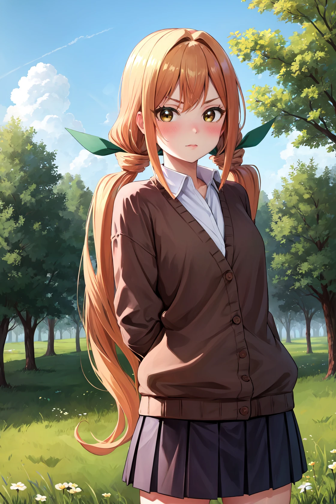 masterpiece, best quality, highres,
IndaDef, 1girl, solo, orange hair, v-shaped eyebrows, brown eyes, yellow eyes, very long hair, long hair, twintails, low twintails, hair ornament, blush, bangs, hair ribbon, ribbon, green ribbon,
skirt, shirt, long sleeves, school uniform, white shirt, pleated skirt, collared shirt, black skirt, sleeves past wrists, dress shirt, cardigan, puffy long sleeves, cropped legs, brown cardigan,
cowboy shot, looking at viewer, arms behind back, outdoors, forest, field, sky, blue sky, sunlight, grass, forest, <lora:LoRA_Inda:1>