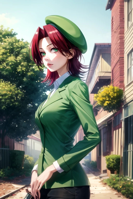 (best quality:1.1), (masterpiece:1.4), photorealistic, looking at viewer, , , , , 1girl, solo, <lora:akari_koumoto:0.98>, akari_koumoto, red hair, green eyes, short hair, , beret, science fiction apocalyptic and post-apocalyptic, HDR