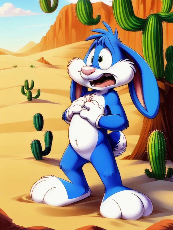 <lora:BusterBunny_2D:0.8>, Baster, bunny, male, blue body color, white cheeks, mouth open, white belly, white legs, white gloves on hands, pink nose, rabbit teeth, white tail, blue ears, ears droop, lop-eared, naked, standing, hands pressed to chest, green eyes, looking up, scared, excited, young, Small body, dwarf, desert, cacti, sand, rocks