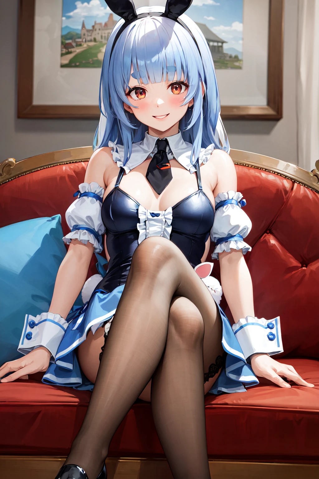 masterpiece, best quality, highres, ffpekora, <lora:usada_pekora_v1:0.9>, sitting, crossed legs, smile, sofa, indoors,