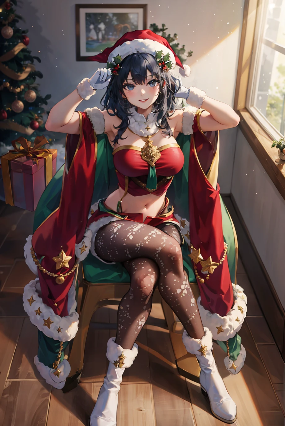masterpiece, indoors, sunlight, christmas tree, sitting, rocking chair, from above, 1girl, full body, legs crossed, solo, smile, looking at viewer, <lora:BylethFE-FEHXmas:0.9> xmasBylethF, hair ornament, white gloves, santa hat, navel, pantyhose, shorts, midriff, fur trim, white boots