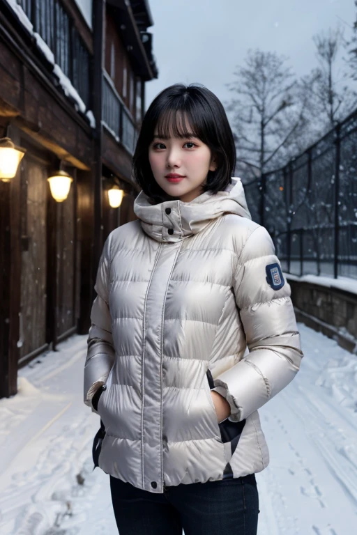 masterpiece, best quality, ultra-detailed, ultra high res, (photorealistic:1.4), raw photo, (realistic:0.2), CG, 8k HDR, perfect lighting, 1girl, solo, looking at viewer, (winter clothes, padded jacket), outdoor, (snow, snowflakes), night, scattered cloud, aurora sky, upper body, lower body, asymmetrical short hair, (detailed oily skin, medium breasts:0.8), (detailed face), (detailed background :1.1), hands in pocket, cold weather,