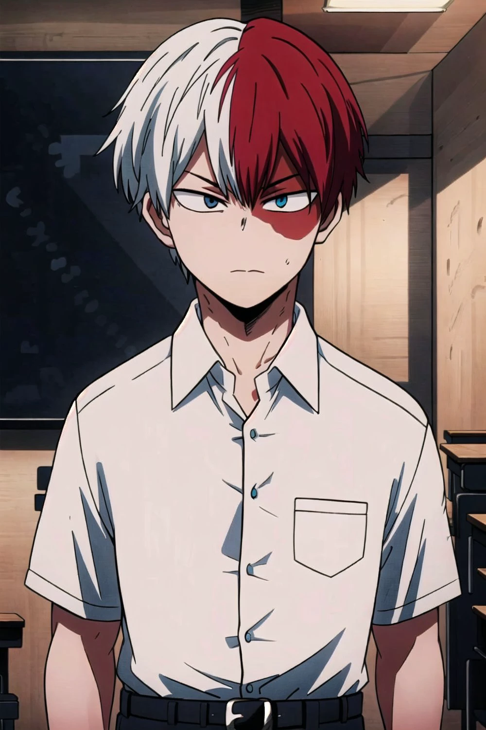 1boy,Blue eyes,Grey eyes ,Red and white hair, white shirt, standing, classroom, upper body