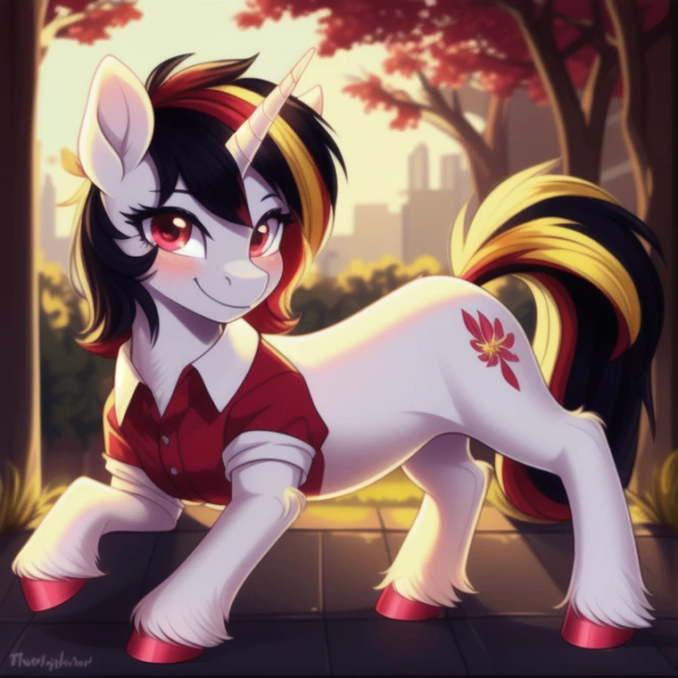 feral pony, portrait, ((the park)), (masterpiece), (raytracing), (cinematic lighting), triadic lighting, High Definition, light particles, (shading), ((((smooth white fur)))), clear eyes ((shiny white coat)), (((glowing clear eyes))), ((pony)), ((long red hair)), ((four hooves)) female, mare, {my little pony}, ((red tail)), (((cute))), ((detailed eyes)), ((red eye)s) , ((brown shirt)), ((post office uniform)), ((summer)), (((black hair)))), ((((yellow hair)))) ((3 tone hair)), ((smile)), ((small body)), ((filly)), ((cheerful)), (((unicorn))) <lora:pony_maker_v10_style-000005:1> score_9, score_8_up, score_7_up, score_6_up, score_5_up, score_4_up, (((feral pony))) (masterpiece), (raytracing), (cinematic lighting), triadic lighting, High Definition, light particles, fluffy:1, (masterpiece, best quality:1.1), ((fluffy tail)), (((perfect anatomy)))