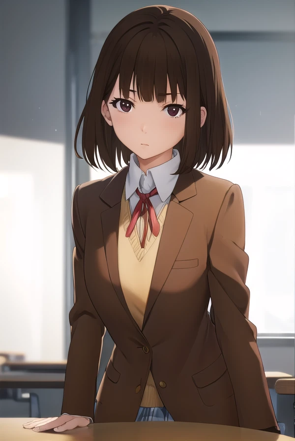 chiyokurihara, <lora:chiyo kurihara s1-lora-nochekaiser:1>,
chiyo kurihara, brown hair, (brown eyes:1.5), short hair, bangs, blunt bangs,
BREAK ribbon, school uniform, jacket, red ribbon, neck ribbon, blazer,
BREAK indoors, classroom, school,
BREAK looking at viewer, (cowboy shot:1.5),
BREAK <lyco:GoodHands-beta2:1>, (masterpiece:1.2), best quality, high resolution, unity 8k wallpaper, (illustration:0.8), (beautiful detailed eyes:1.6), extremely detailed face, perfect lighting, extremely detailed CG, (perfect hands, perfect anatomy),