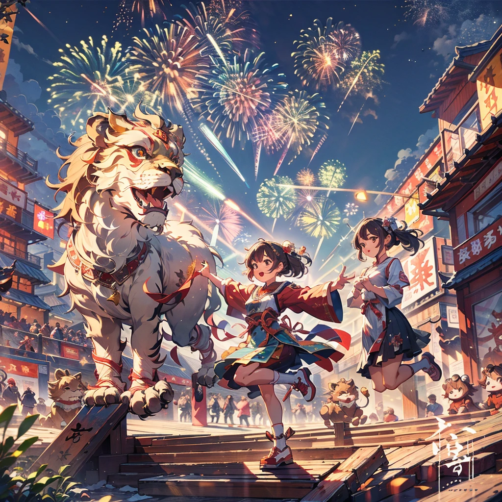 hb,<lora:CHGF:0.7>,1girl,lion dance,raise,festival,ribbon,spring festival poster,dynamic angle,finely detail,shine,glinting stars,best detailed fireworks,(((jumping))),standing on a wooden stake,