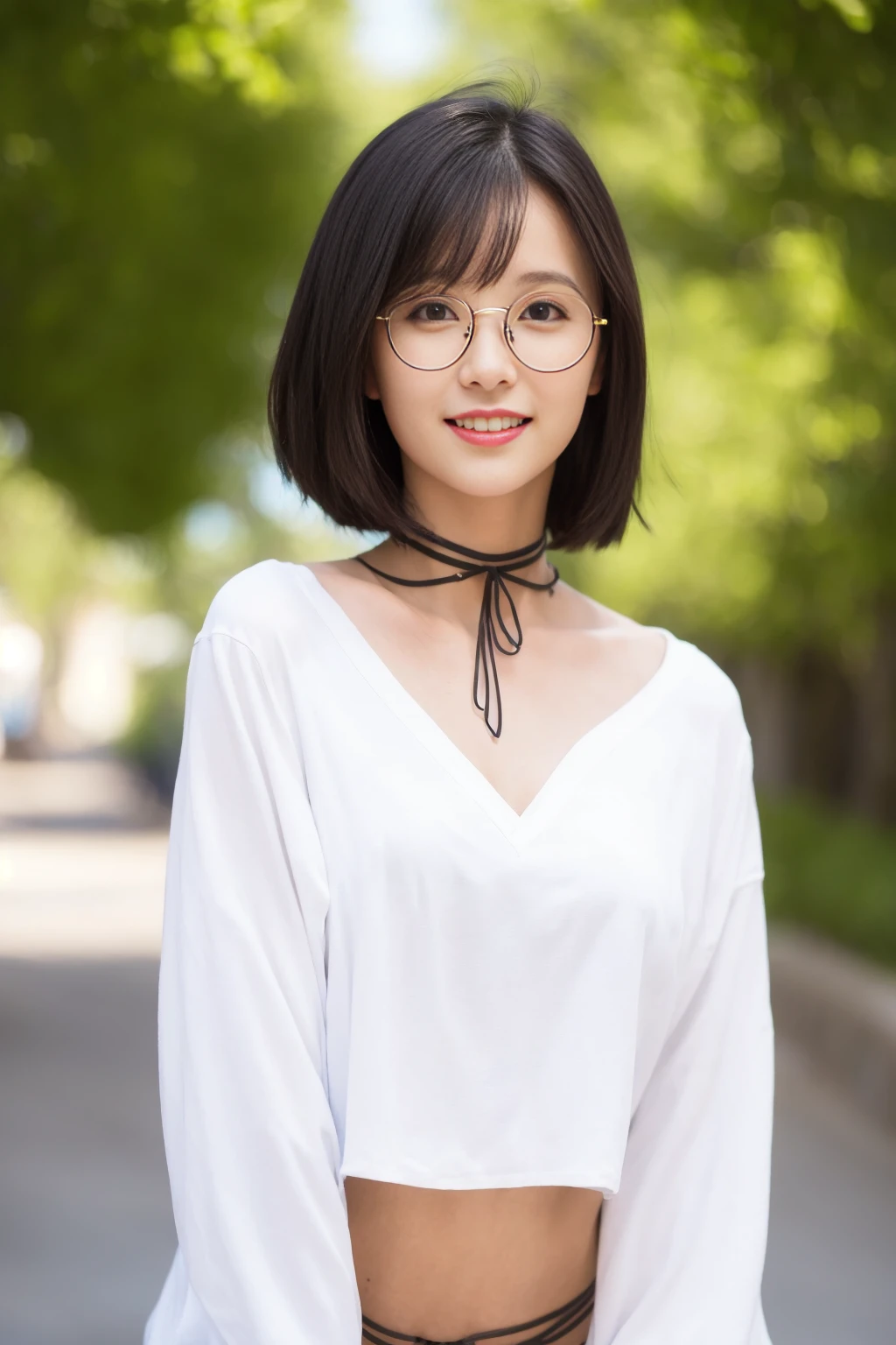 <lora:meiling_v01:0.9>, 
 (8k, RAW photo, best quality, masterpiece:1.2), (realistic, photo-realistic:1.37), omertosa,1girl, blurry background,lake, sunlight,professional lighting, photon mapping, radiosity, physically-based rendering, backlight bokeh, blurry background,smile, mature,((black choker)), red lips, student ,((lights shinning on the face))
head portrait
,
sunlight, ((outdoors)) ,((light shinning on the hair))
short jacket,navel-baring shirt,millitary uniform,
((bob haircut)), ((floating hair)), black hair,straight hair, glowing hair,
135mm lens,gold-rimmed glasses,,big breast,red lips,smile